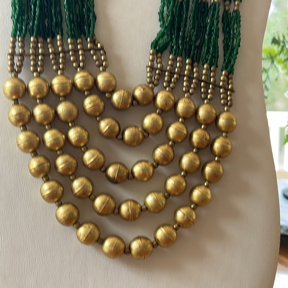 Green and Gold Beads Multilayered Statement Mixed Materials Artisan Necklace - Picture 8 of 17
